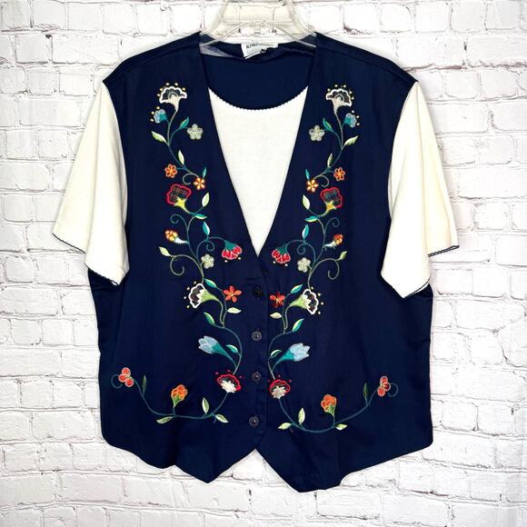 Vintage Alfred Dunner Wms Large Navy Cream SS Embroidered Floral Faux Vest Top - Picture 10 of 11